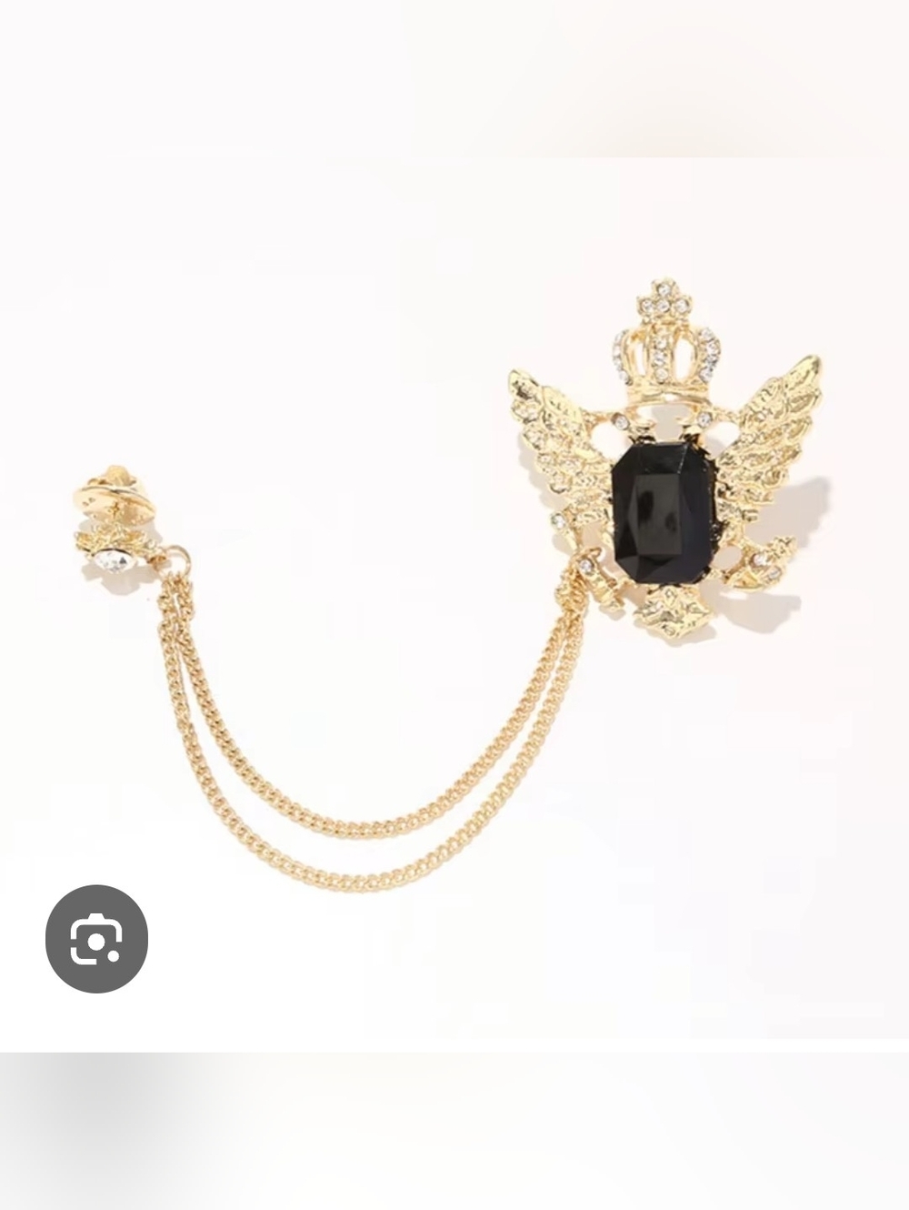 Fashion Jewelry Gold Crest Brooch with Black Faceted Stone and Double Chains NEW